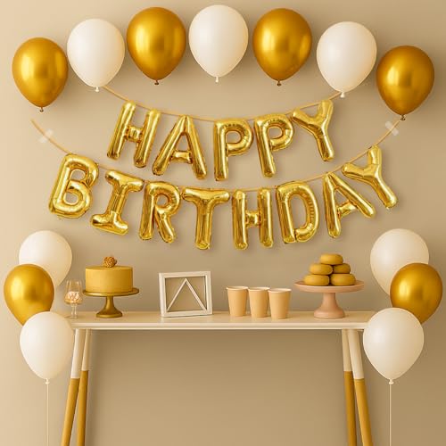 Image of Party Propz Happy Birthday Banner Decoration Kit - 12Pcs Golden Happy Birthday Banner, Foil Banner with Gold Balloons, White Balloons,Balloon for Birthday Decoration, Arch Roll (Foil, Latex)