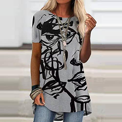 Cozirly Women's Casual Tunic Tops To Wear With Leggings Short Sleeve Loose Long Blouse Vintage Print Flowy Tshirts Summer Tee #TOP1