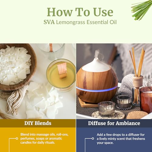 Image of SVA Lemongrass Essential Oil 4 Fl Oz - for Diffuser, Skin & Hair Care - Ideal for Massage & DIY Blends - with Dropper