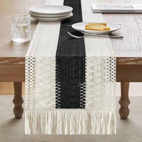 Image of ZeeMart Macrame Style Bicolor Stitching Table Runner, 12 x 108 Inch Black /Ivory, Boho Black Table Runners 108 Inches Long, Farmhouse Woven Home Decor