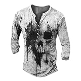 Sweatshirt Herren Retro 3D-Druck Distressed Henley Shirt Pullover Herren V-Ausschnitt Langarmshirts für Herren Vintage Totenkopf-Print Tshirt Outdoor Tactical T-Shirt Tops