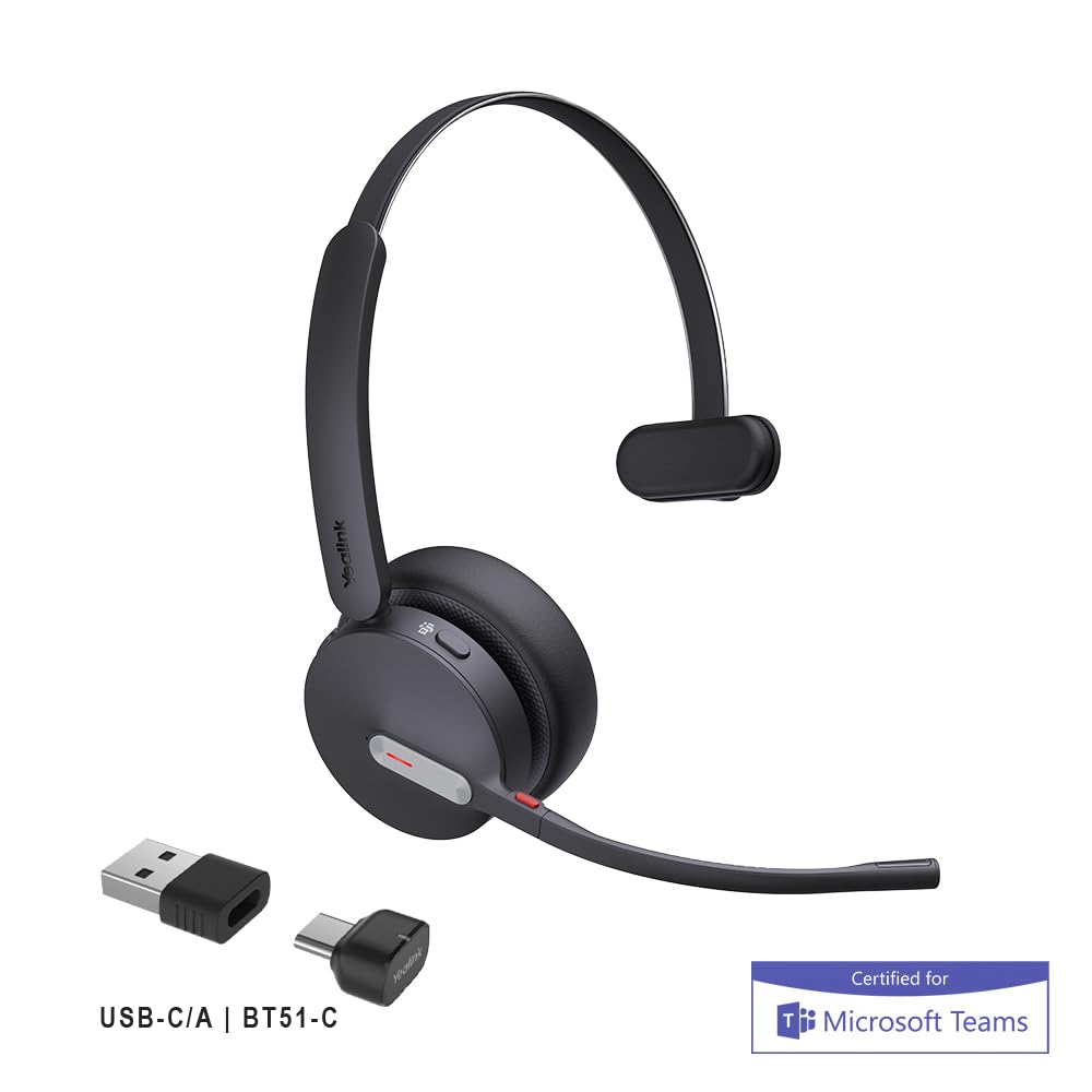 Yealink BH70 Mono bezprzewodowy zestaw słuchawkowy Bluetooth ze stojakiem ładującym i USB-C/A do połączenia z komputerem - certyfikowany dla zespołów