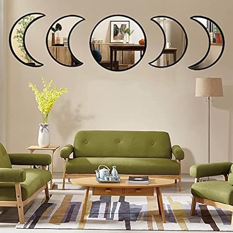 Moon Phase Mirror Set, 5pcs Bohemian Home Wall Decor, Wood Frame Natural Real Glass Mirrors 4 Stars- for Home, Office (Black) Cover
