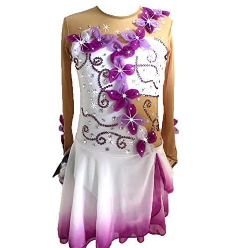 LIUHUO White Ice Figure Skating Dress for Girls for Women Long-Sleeved Beaded Roller Skating Skirt Flower Deco