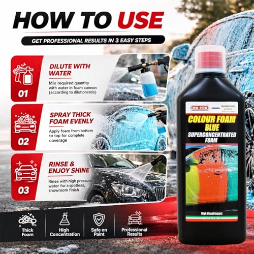 Image of MAFRA Superconcentrated PH Neutral Car Wash Blue Foam Shampoo (1L) High Visual Impact Foaming for Deep Cleaning Removes Tough Dirt, Safe on Any Paint