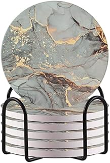 HAOCOO Drink Round Coasters with Holder (Set of 6), Absorbent Ceramic Coasters with Non-Slip & Scratch-Resistant Cork Base (Abstract gray)