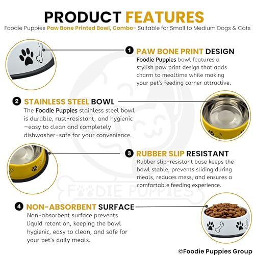 Image of Foodie Puppies Stainless Steel Dog Bowl Combo - (Medium, 700ml) Food and Water Feeding Gift Bowl | Suitable for Dogs, Cats and Other Pets I Paw Bone Print, Anti-Skid Rubber Base (White + Yellow)