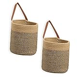 DULLEMELO Wall Hanging Storage Baskets 2 Pack 7'(D) x 8'(H), Small Woven Hanging Baskets With Sturdy Leather, Wall Door Hanging Organizer for Plants,Key,Sunglasses,Wallet (Jute&Black)