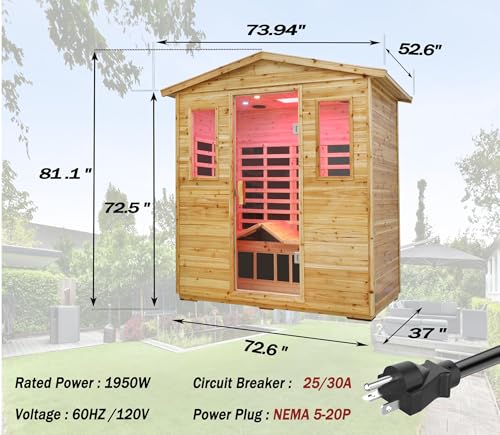 Image of LTCCDSS Full Spectrum Outdoor Sauna 4 Person, Far Infrared Sauna, Low EMF Sauna Room for Home, Low EMF Heaters | Chromotherapys | Bluetooth Speakers | Canadian Hemlock | 73.09 * 48.66 * 83.5 in