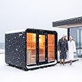 Benovo Customize Square Barrel Outdoor Sauna Room with Porch,220V HARVIA Electric Stove or Wood Burning Stove,4-8 Person Canadian Red Cedar Wooden Cube Sauna Kit