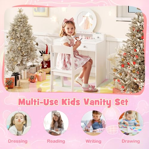 Image of HONEY JOY Kids Vanity, Little Girls Vanity Set with Mirror and Stool, Drawers, Toddler Makeup Vanity Dressing Table, Wooden Pretend Play Kids Vanity Table and Chair Set (White)