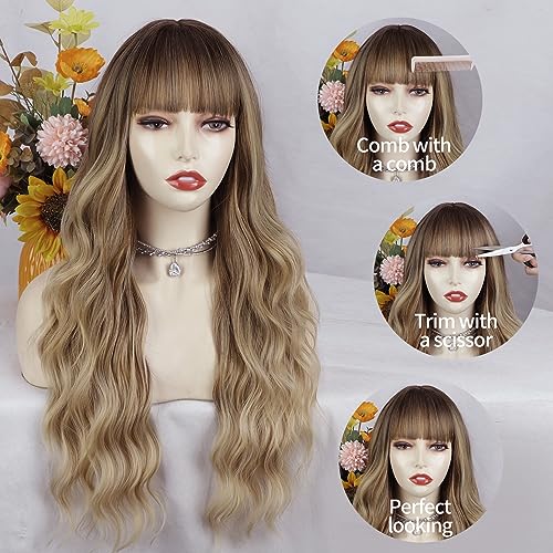Lativ Blonde Wig With Bangs Long Wavy Curly Ombre Wig With Dark Root Synthetic Heat Resistant Wigs For Women Daily Party Use #TOP2