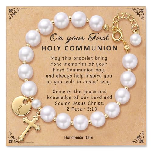 Initial First Holy Communion Confirmation Baptism Bracelets Gifts for Women Girls, Catholic First 1st Communion 14K Gold Pearl Cross Charm Bracelet Personalized A-Z for Goddaughter Niece