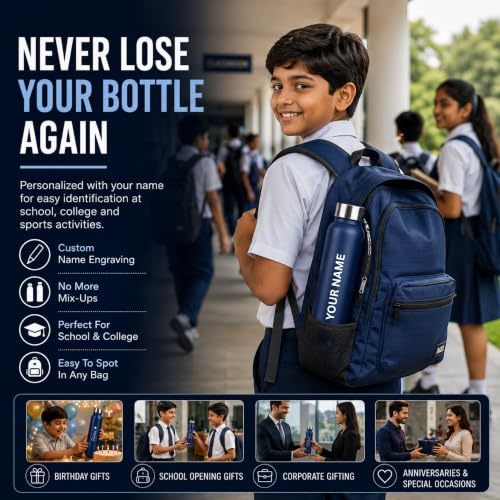 Image of Courage Personalised Stainless Steel Water Bottle 1 Litre | Custom Name Engraved Bottle | Leak-Proof, BPA-Free, Rust-Resistant | Stylish Gift for Kids, Women & Men | Office, School & Gym Use (Blue)