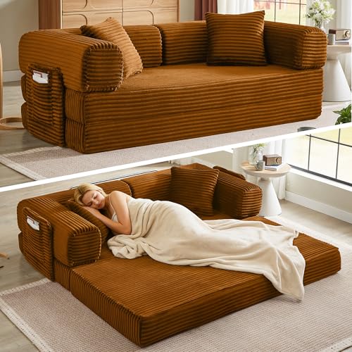 Image of AUGOP Futon Sofa Bed Boneless Couch for Living Room,Pull Out Couch with Sleeper Sofa,Day Bed Couch with Storage Pocket,Removable Corduroy with 2 Pillow