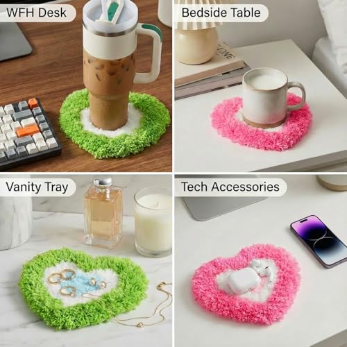 Image of beausougon 2-Pack Latch Hook Kits for Beginners, DIY Heart Coaster Mug Rugs with Non-Slip Backing, Aesthetic Shag Tufting Craft with Soft Chenille & Acrylic Yarn, Cute Y2K Room Decor Gift for Adults