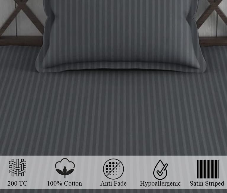 Image of Trance Home Linen 100% Cotton 200 TC Satin Stripe Single Bedsheet with Pillow Cover | Fade-Resistant, Soft & Hypoallergenic |Flat Bedspread for Single Mattress - (54 x 90 inch, Dark Grey)