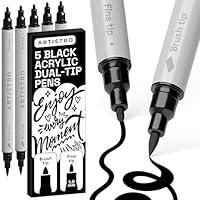 Artistro 5 Schwarze Acrylstifte – Dual Tip (Pinsel & Fein) Marker für Stoff, Leinwand, Stein, Glas, Holz – Kalligrafie, Scrapbooking Zubehör, DIY & Geschenk für Kinder und Jugendliche – Kunstset