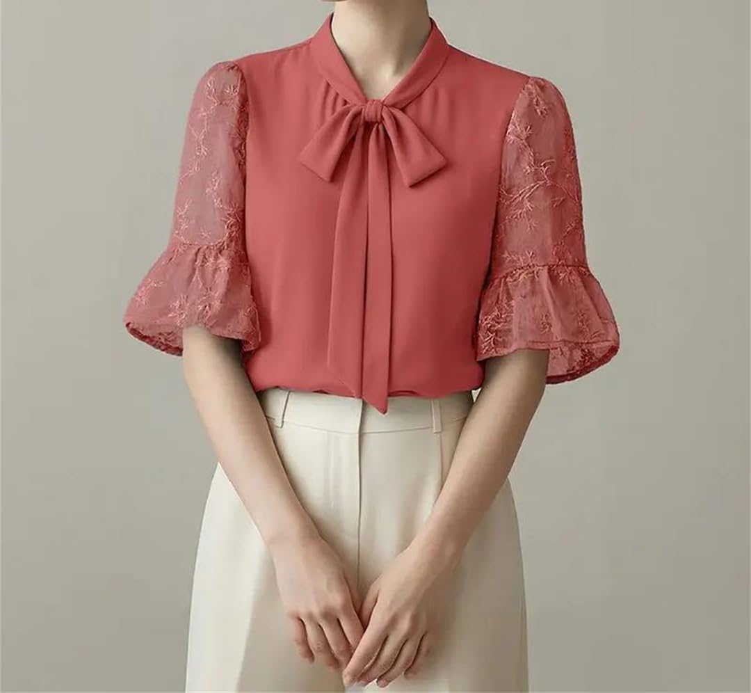 Camicette estive da donna in pizzo patchwork da ufficio eleganti con colletto a fiocco camicia a maniche svasate tinta unita cave top tunica