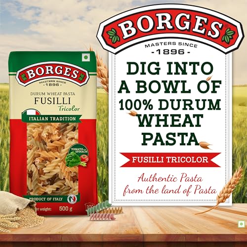 Image of Borges Tricolour Fusilli Pasta - 500 gm | Imported from Italy | Include Real Tomatoes & Spinach | No added colour