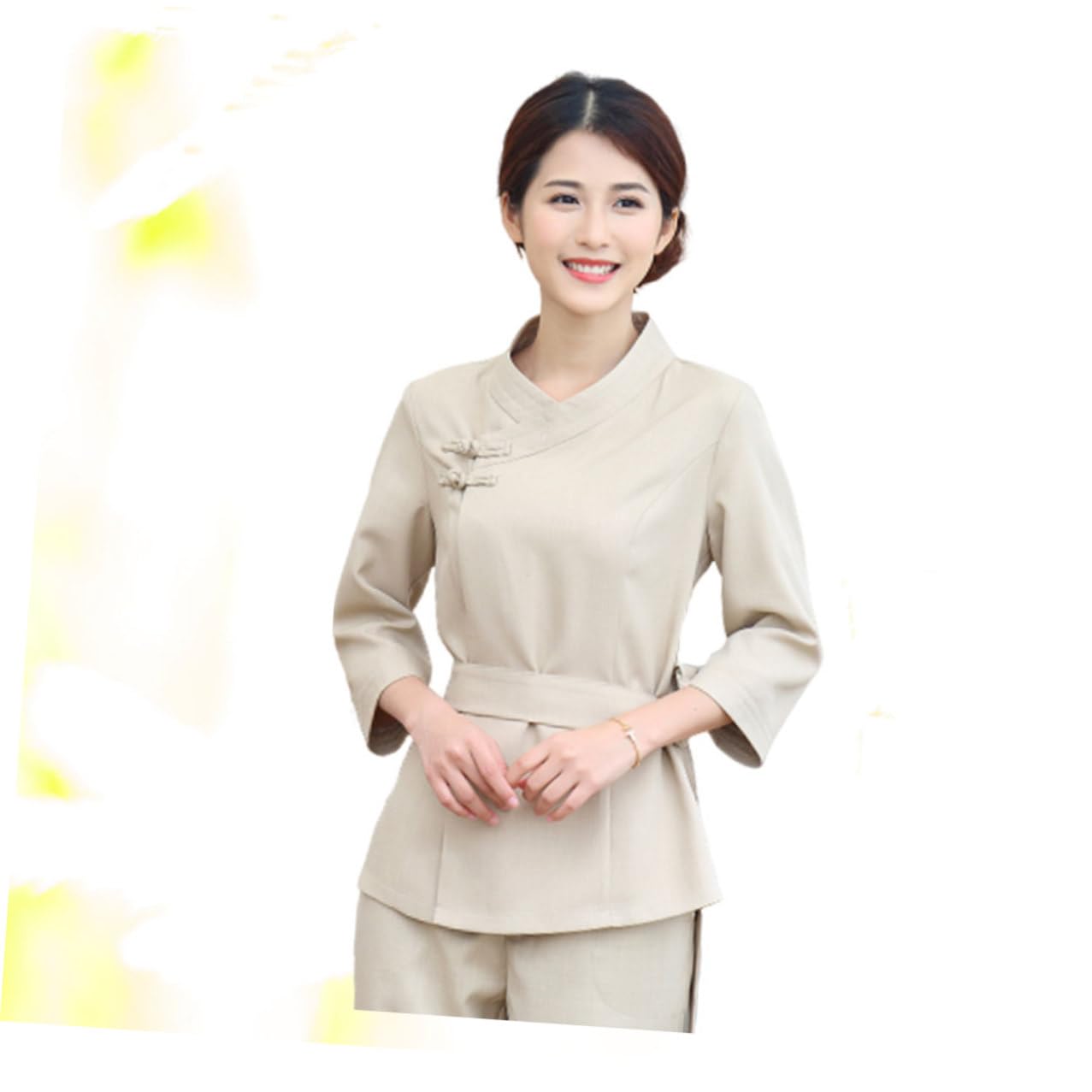 IMIKEYA Uniforme de Esteticista Beige para Salón y SPA, Traje Cómodo de Poliéster y Spandex Fácil de Llevar para Técnico de Belleza