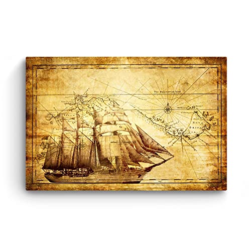 Startonight Canvas Wall Art - World Map Brown, Old Vintage Retro Maps Picture For Office Framed 32 X 48 Inches #TOP2