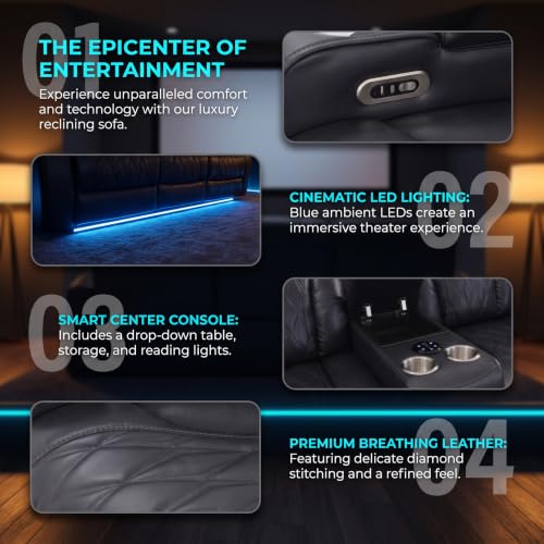 Image of Breathable Leather Power Recliner Sectional Sofa, Bass Speakers, Cup Holder & Storage Console for Living Room Home Theater