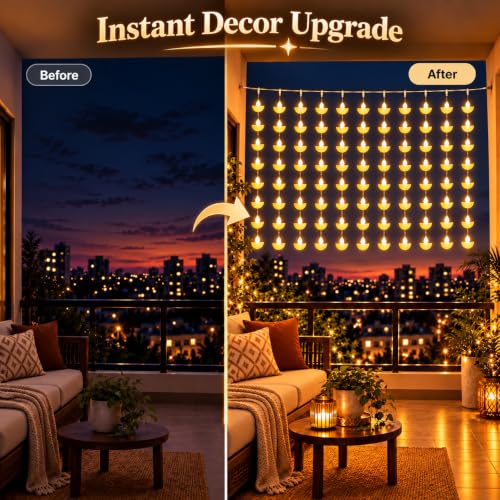 Image of One94Store Diya Curtain Fairy Lights, 80 LED Warm White, 3m x 1m, 10 Hanging Strands, 8 Modes, AC Plug Decorative Lights for Home, Balcony, Pooja Room, Diwali & Festive Decor