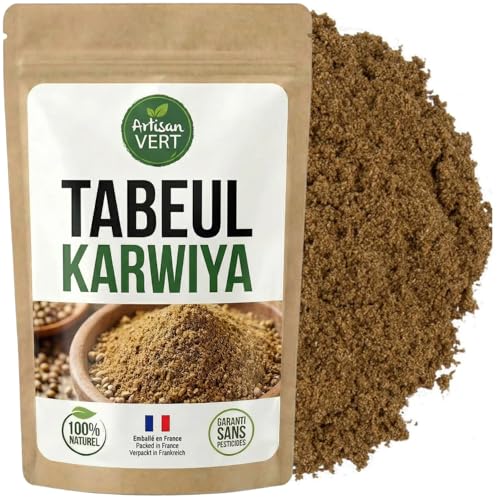 Tabel Karouia 100g - 100% Naturel, Artisanal - Tabil Tabeul Karwiya - Mélange épices 4 Ingrédients : Coriandre, Carvi, Ail, Piment - Pochette Refermable - L'Artisan du Vert