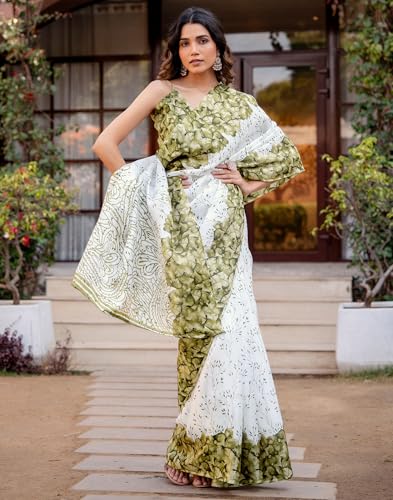 Image of SIRIL Women's Cotton Printed Saree with Unstitched Blouse Piece