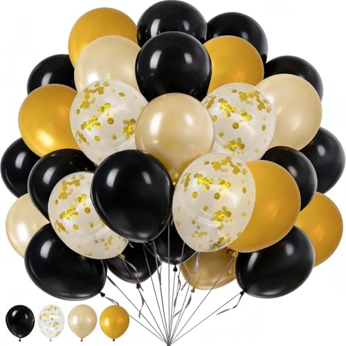 Image of 60Pcs Black Gold Balloons, 12 Inch Confetti Balloons for Party Decorations | Black, Gold, Champagne & Confetti Balloons Kit Create an Elegant Party Setup for Birthdays, Weddings, Graduations & Events