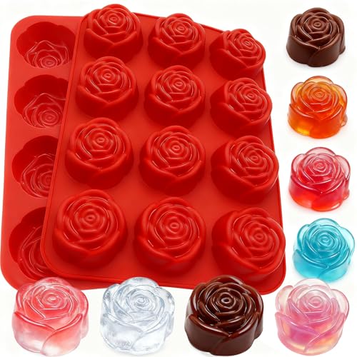 2 Pack Rose Silicone Mold Rose Flowers Shaped Silicone Molds 24-Cavity Valentines Day Roses Chocolate Mold Nonstick Molds for Baking Cupcake Pan Chocolate Pudding Candy Ice Cube Candles Soaps (Red)