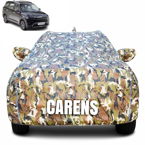 Image of 100% Waterproof Car Body Cover for Kia Carens (2022-2025) with Mirror Pocket (Heat & UV Resistant, Triple Stitched, Soft Lining, Bottom Elastic & Piping) Camouflage, Military Print