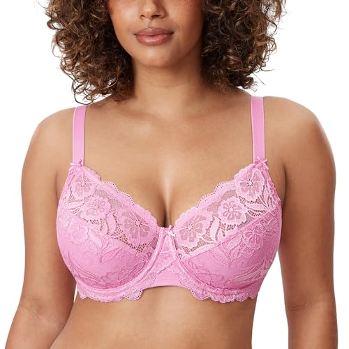 DELIMIRA Women's Plus Size Full Coverage Lace Bras Candy Pink 36F