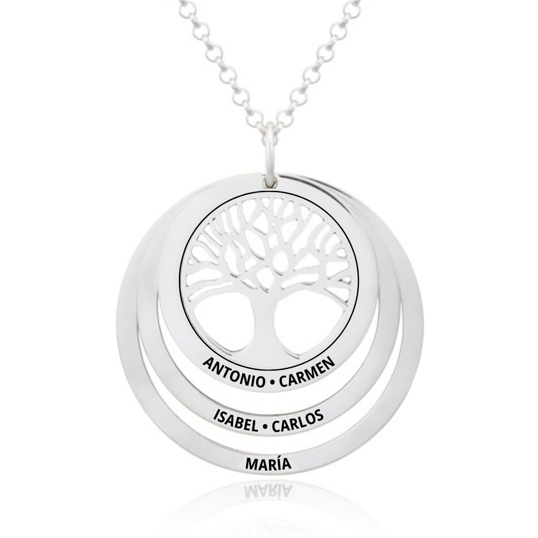 LUXFAN´S FANTASY DELUXE Collar Árbol de la Vida en Plata de Ley 925 personalizable, con cadena Rolo de 45cm + Alargador. Un regalo perfecto para regalar a madres o abuelas. (Collar Árbol de la Vida 2 Aros)