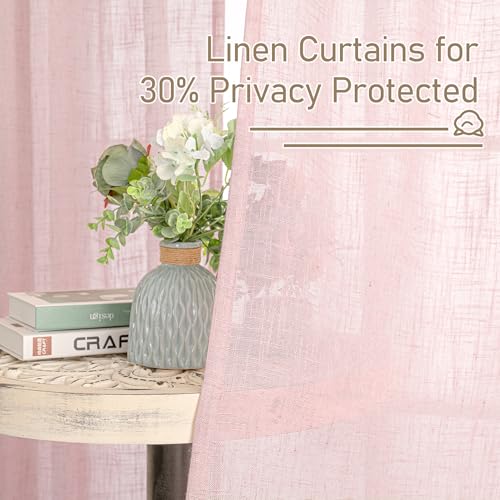 LAMIT Short Linen Curtains 30 Inch Length for Cafe, Semi Sheer Light Filtering Panels Back Tab and Rod Pocket Country Decor Drapes for Basement/Small Window, Pink, 2 Panels, 34 x 30 Inch