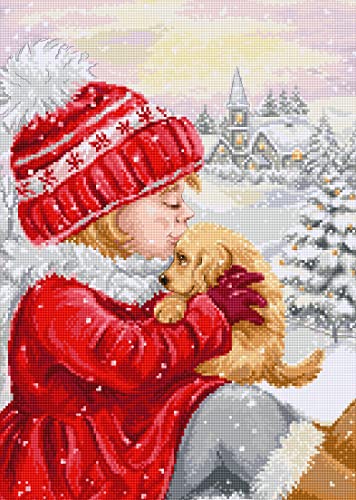 Luca-S Cross Stitch Kit, Girl Kissing Puppy, BU5027, Counted Cross Stitch Kit for Adults Embroidery Needlecraft Set