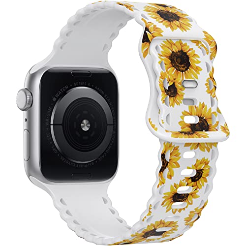 Image of Compatible with Apple Watch Band 41mm 40mm 38mm 49mm 45mm 44mm 42mm Women Girl, Sunflower Print Lace Hollow-out Soft Silicone Sport Bands For iWatch Ultra SE Series 9 8 7 6 5 4 3 2, SunflW-42