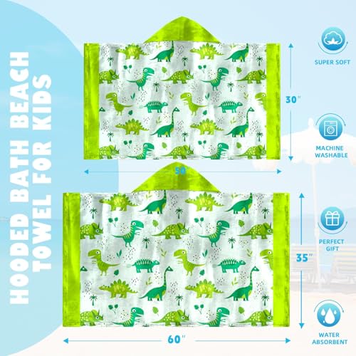 Image of Dinosaur Boys Beach Towel with Hoodie for Kids Toddlers Age 4-8,Dino Blue Bath Towels Shower Wrap for Boys, Hooded Poncho Beach Blanket for Pool Swimming Cute Wearable Bath Towel for Child