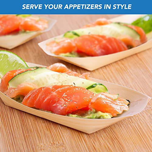 Rebearth Bamboo Wood Boat Disposable Plates Heat Resistant For Appetizer Mini Bowls Sushi Dessert Buffet Finger Party To Go Hors D'oeuvres Serving Tray Bulk Catering Supplies 100 Count Large Size 7" #TOP4