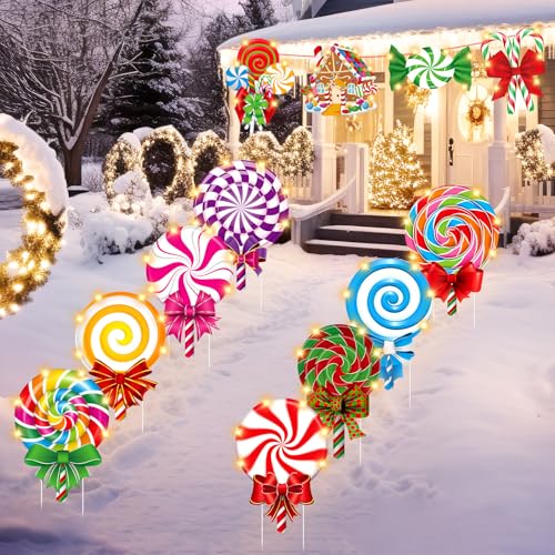 Blosssound 12 Pcs Lighted Christmas Candy Garden Signs with Stakes