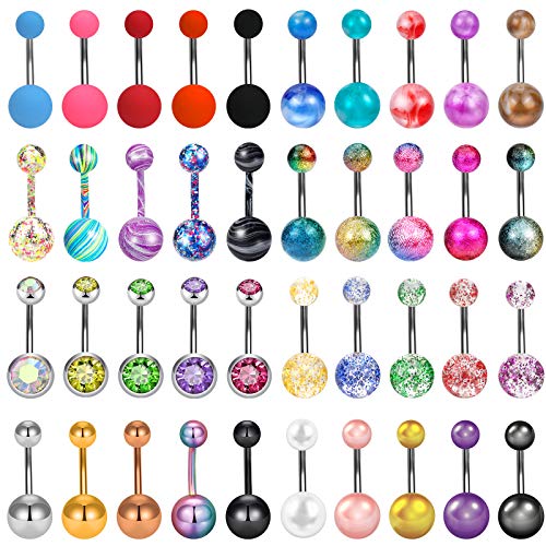 ONESING 40 Pcs 14G Belly Button Rings Belly Rings for Women Belly Piercing Jewelry Belly Barbells Navel Rings Body Piercing Jewelry Stainless Steel Jewelry Silver Ring Body Bar