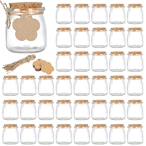 40 Pack Glass Favor Jar with Cork Lids , 7 oz Clear Glass Pudding Jars for Candy Jam Mousse Wedding Favors Making Candles