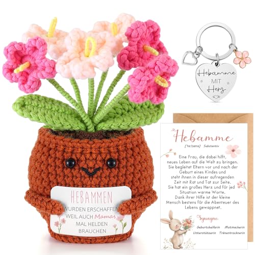 Otuuz Dankeschön Geschenk für Hebamme inklusive Gestrickte Blumentopf Puppe Hebamme Dankeskarte mit Umschlag zum Geburtstag, Weihnachten und Tag Der Pflege
