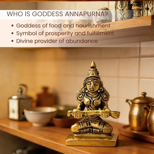 Image of Plus Value Goddess of Food Maa Annapurna Devi Brass Idol Statue Deity Vastu Products for Home, Restaurant, Hotel, Temple Pooja Room Decor Keep in Rice Jar (Size 2-inches)