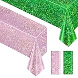 Just Shimmer 2 Pieces Pale Pink & Green Holographic Tablecloth 40' x 108' Party Decoration Birthday Party Table Decor Iridescence Plastic Table Cloth for Bachelorette Supplies