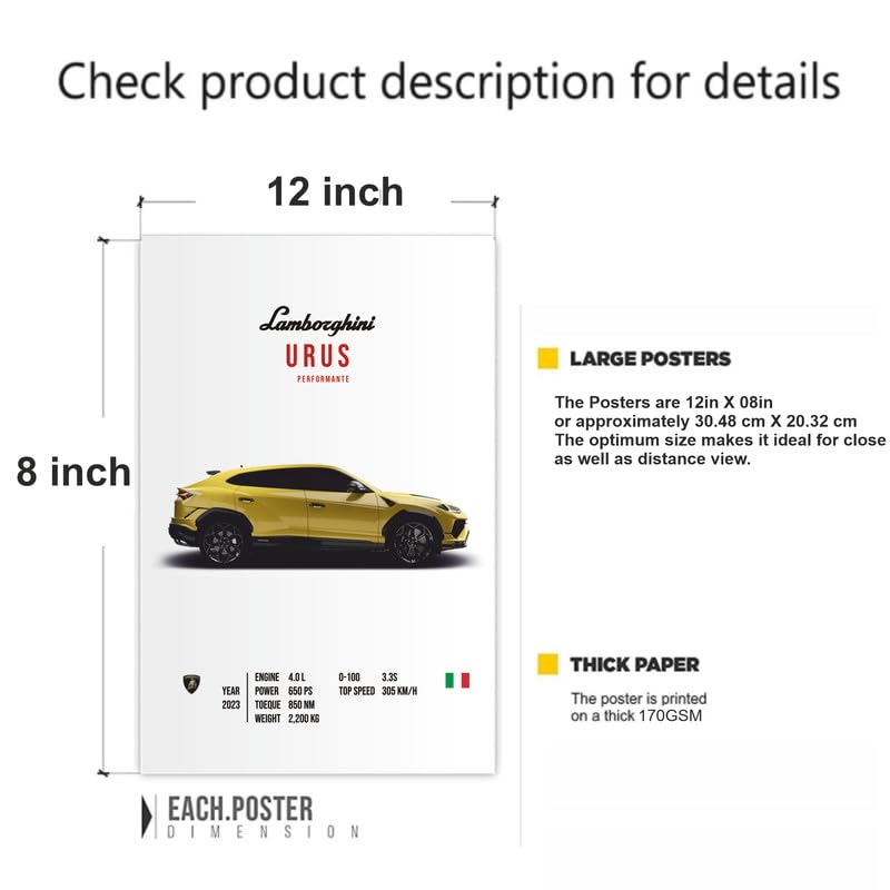 Image of POSTERONN Lambo Wall Posters Pack of 6 A4 8x12 Inch | Premium Sports Car Prints | Luxury Car Wall Art for Bedroom Living Room Office Garage | Automotive Decor with Glue Dots