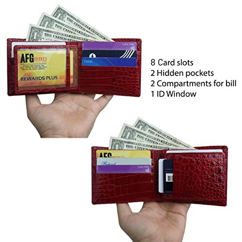 Image of HATA Black Red Bifold Leather Wallet for Men, Exotic Double-Sided Leather Wallet with RFID Blocking & ID Window Credit Card Holder, Handmade Gift for Birthday, Anniversary, Father's Day VILE-212