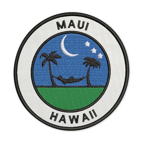 Image of ISEE 360 Maui Hawaii Round Embroidery Sweable Patches Applique for Motorcycle Jackets Shirts Bags Jeans Top T Shirts Sweable Embroidered Patches for Any Type Garments ETC L x H 3 x 3 Inch