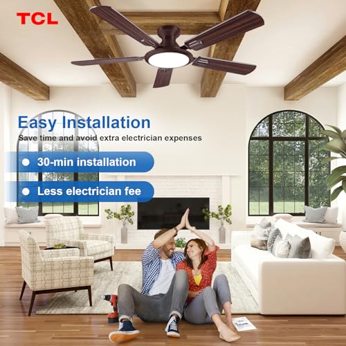 Image of TCL 52 inch Brown Low Profile Ceiling Fan with Light & Remote | 5-blade Flush Mount fan with quiet 6-speed reversible DC motor. Dimmable LED light. Ideal for bedroom, living room & garage